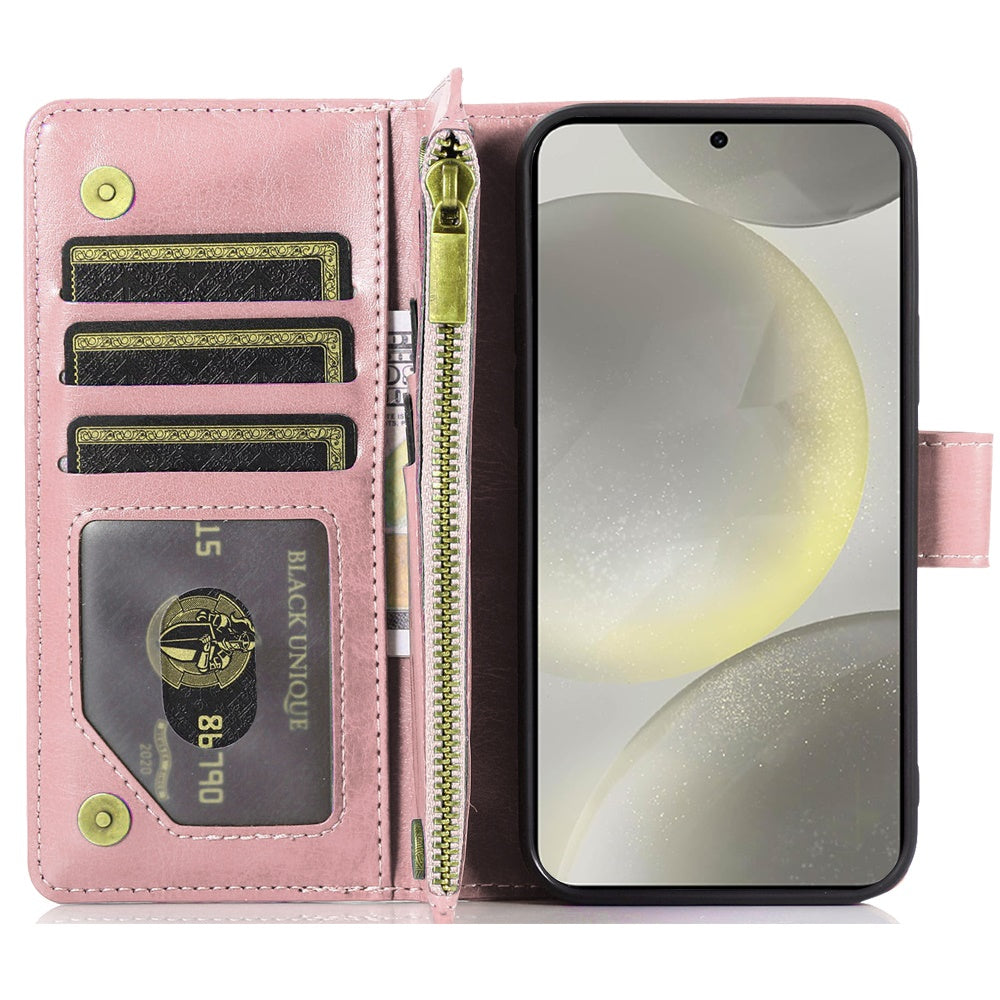 For Samsung Galaxy S25 /S24 Leather Wallet Case with Zipper, 9 Card Slots, Cash Pocket, Stand & Strap, Clutch Pouch Design Case Cover Rose Gold