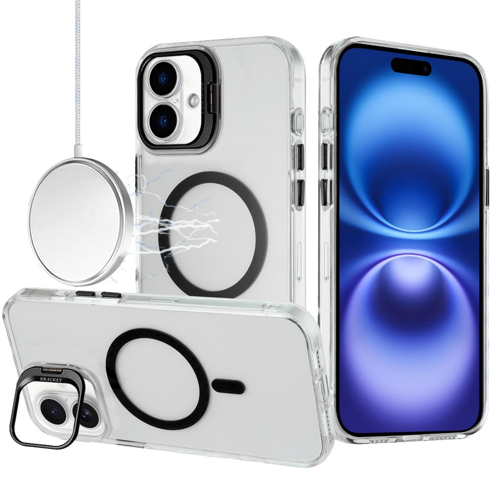 For Apple iPhone 17 (6.3") Magnetic Back MagSafe Compatible Transparent Hybrid Drop Protection with Metallic Camera Stand Case Cover