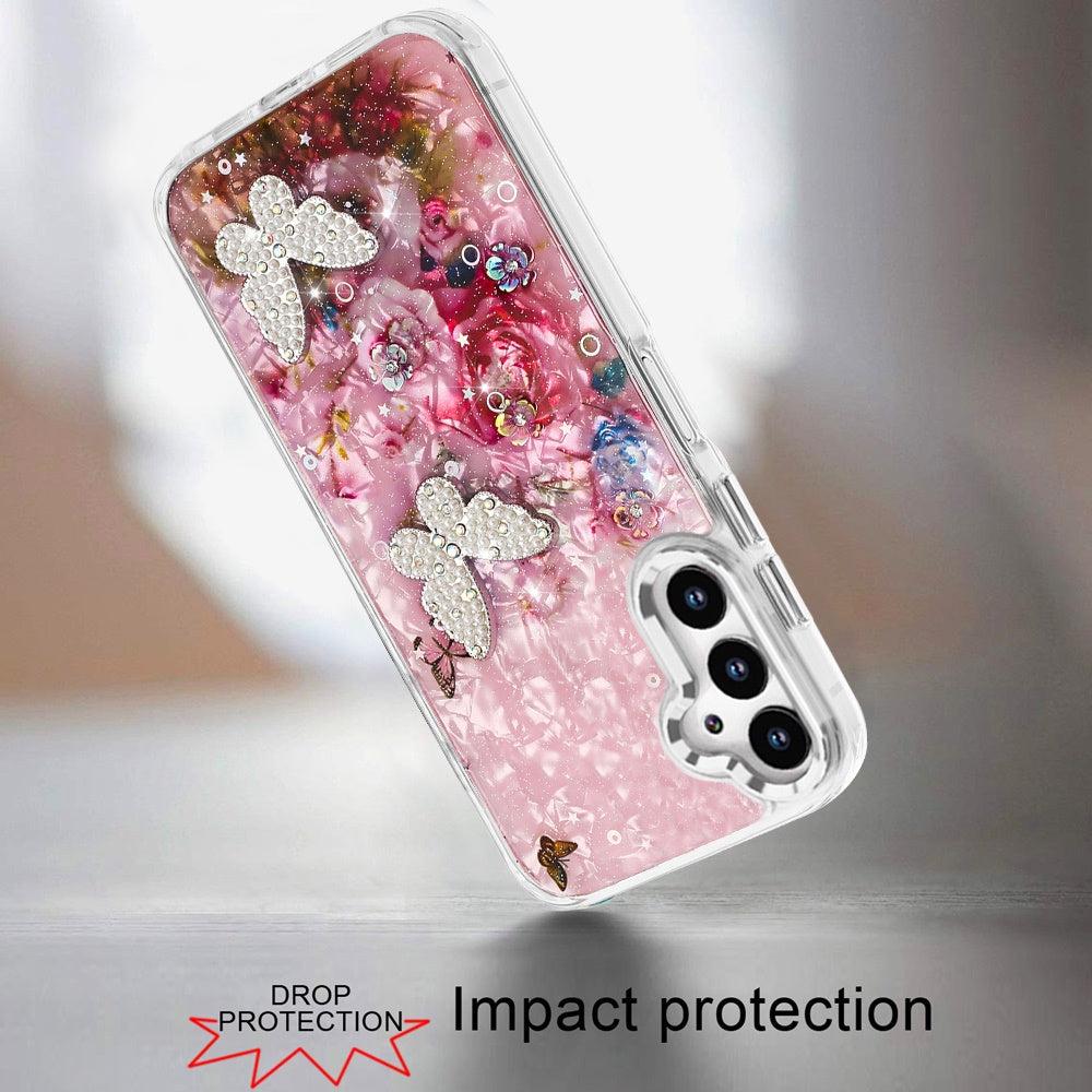 For Apple iPhone 17E /16E Epoxy Glitter Flowers Bling 3D Butterfly Fashion TPU Hybrid with Shockproof Protection Case Cover Pink