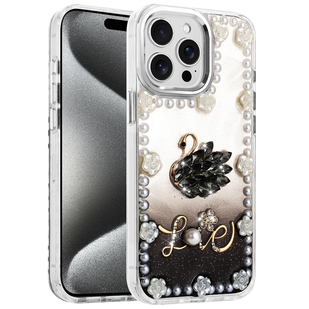 For Apple iPhone 14 Pro Max Bling Fashion Design with 3D Pearls Epoxy Glitter Ornaments Chrome Edge Hard Slim PC Case Cover