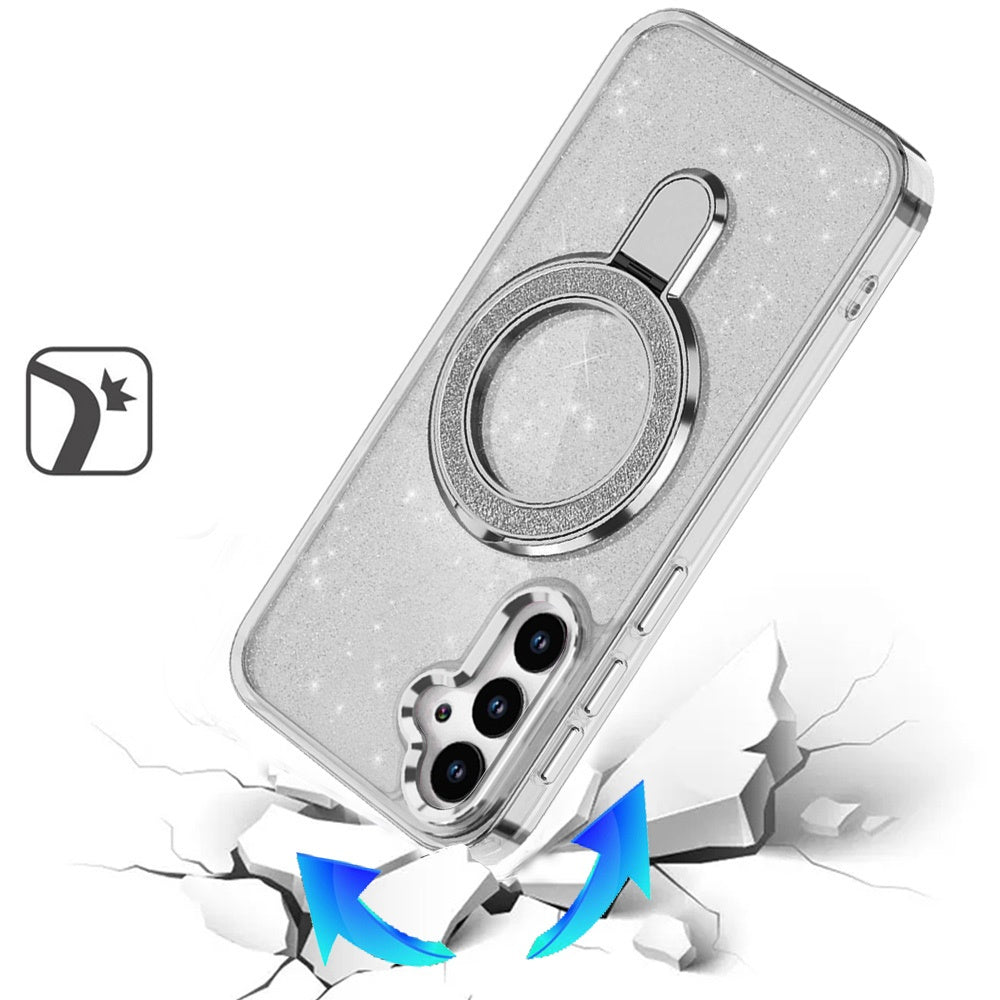 For Samsung Galaxy S26+ / S26 Plus Transparent Glitter Bling Case with Rotating Magnetic Ring Stand, Shockproof Hybrid Case Cover