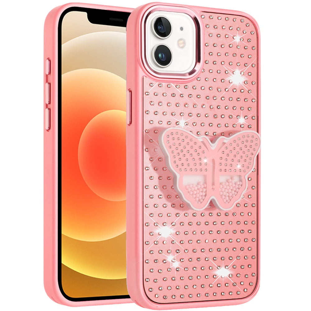 For Apple iPhone 16 (6.1") Butterfly Moveable Grip 3D Pop Stand Full Diamond Bling Sparkling TPU Fashion Hybrid Case Cover