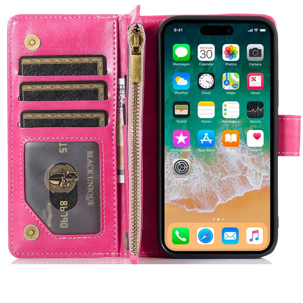 For Motorola Moto G Stylus 5G 2025 Leather Wallet Case with Zipper, 9 Card Slots, Cash Pocket, Stand & Strap, Clutch Pouch Design Case Cover Hot Pink