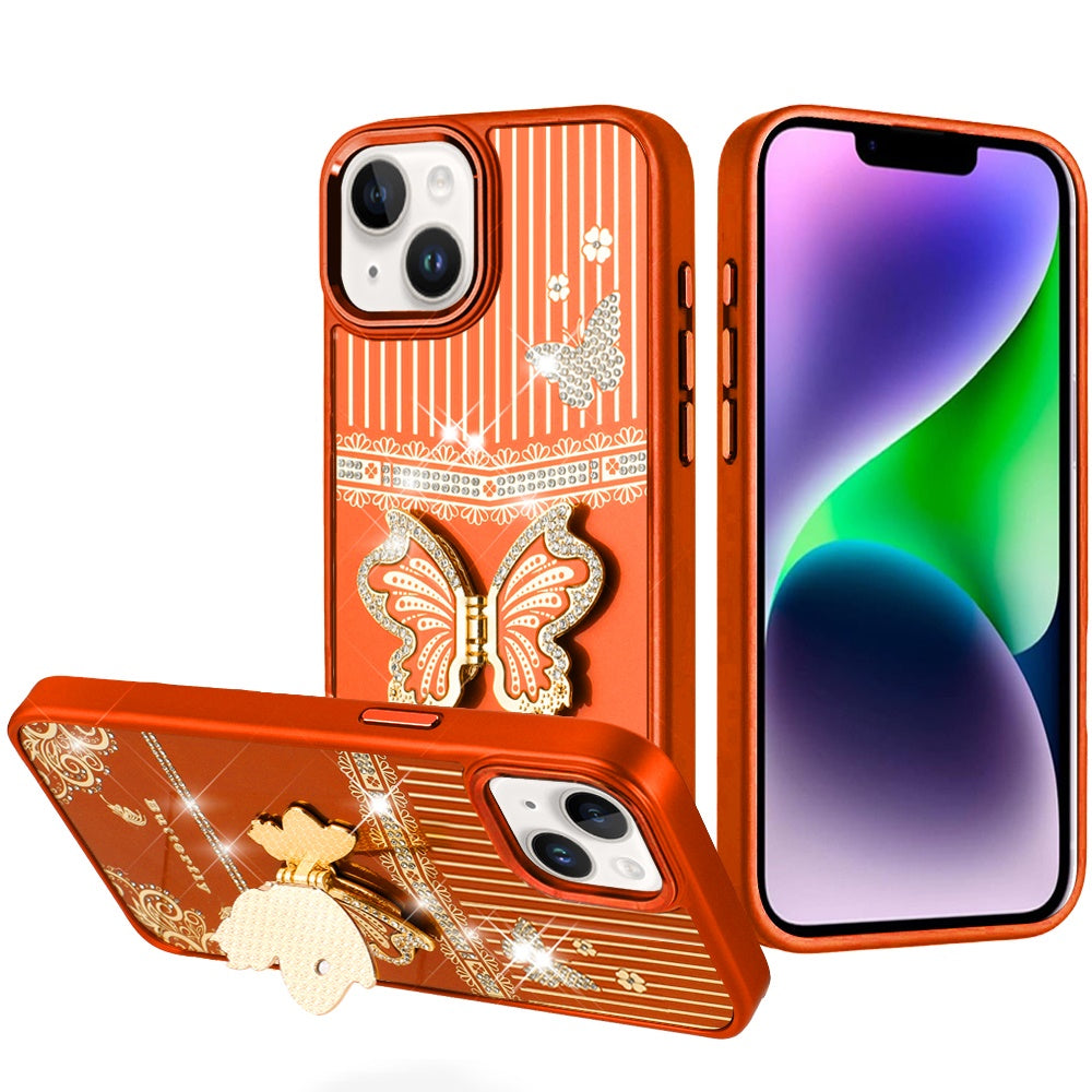 Phone Case for iPhone 14/13 (6.1") Glitter Bling Butterfly Stand Metallic Edge Hybrid Shockproof Grip Durable Camera Protection Stylish Design Cover Cosmic Orange