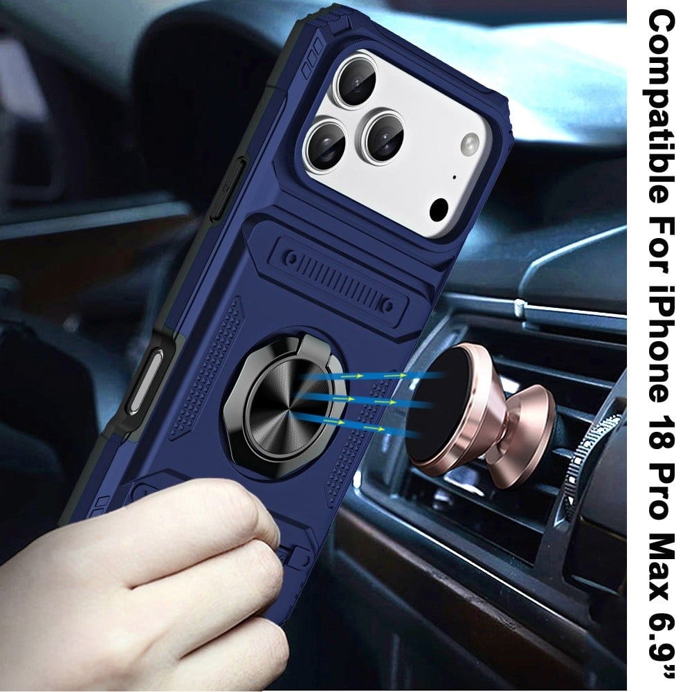 Phone Case for Apple iPhone 18 Pro Max Multi Functional Card Slot Shockproof Metal Ring Hybrid Wallet Rugged Protective Grip Heavy Duty Durable Cover Blue