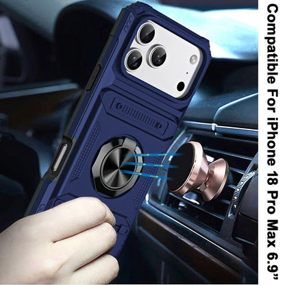 Phone Case for Apple iPhone 18 Pro Max Multi Functional Card Slot Shockproof Metal Ring Hybrid Wallet Rugged Protective Grip Heavy Duty Durable Cover Blue