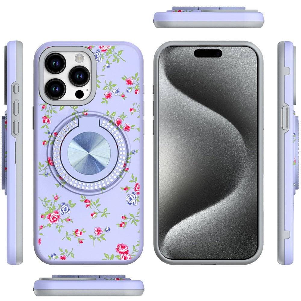 For Apple iPhone 14 /13 Pattern Design Hybrid with Invisible Ring Stand & Magnetic Back, Shockproof Protective Grip Case Cover