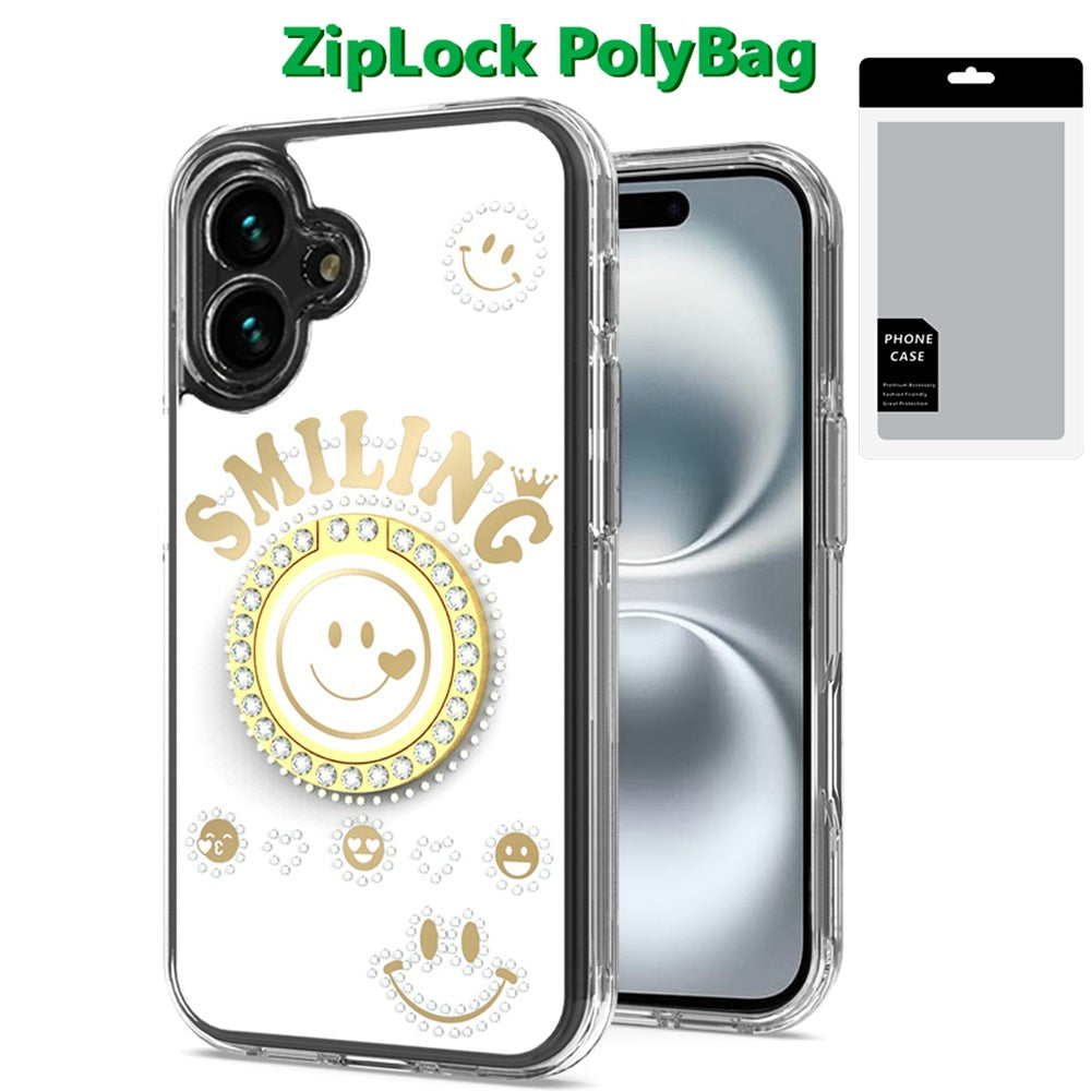 For iPhone 16 (6.1") Smiling Glitter Bling Ornament Hybrid Shockproof Stylish Sparkle Design Secure Grip Durable Protection Case Cover Blue