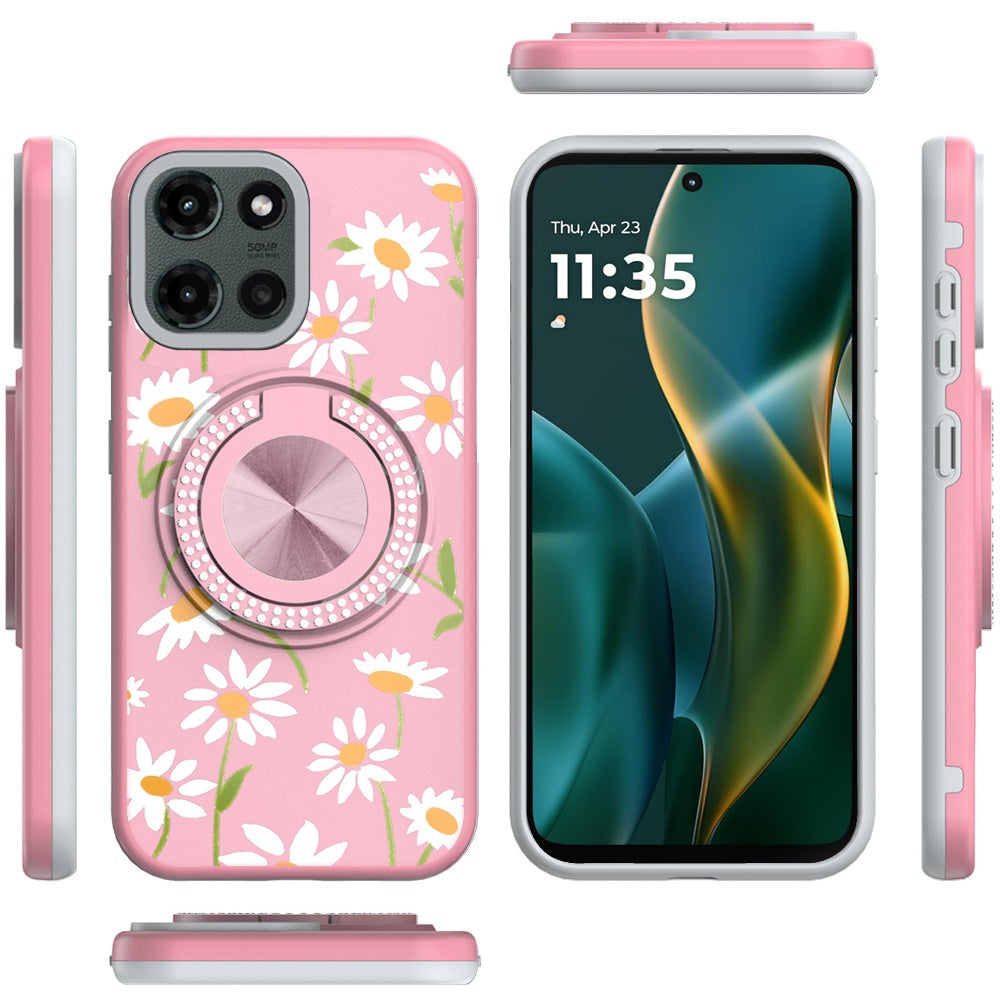 For Motorola Moto G 5G 2025 Pattern Design Hybrid with Invisible Ring Stand & Magnetic Back, Shockproof Protective Grip Case Cover