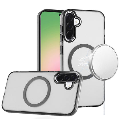 For Samsung Galaxy A57 Transparent Back Hybrid Case - Magnetic Circle, Color Frame, Metal Buttons, MagSafe Compatible Case Cover Black
