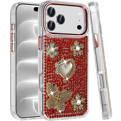 Phone Case for Apple iPhone 18 Pro Max/ iPhone 17 Pro Max Luxury Crystal Butterfly Floral Jeweled Heart Full Diamond Design, Sparkling Decorative Details, Elegant Style Cover