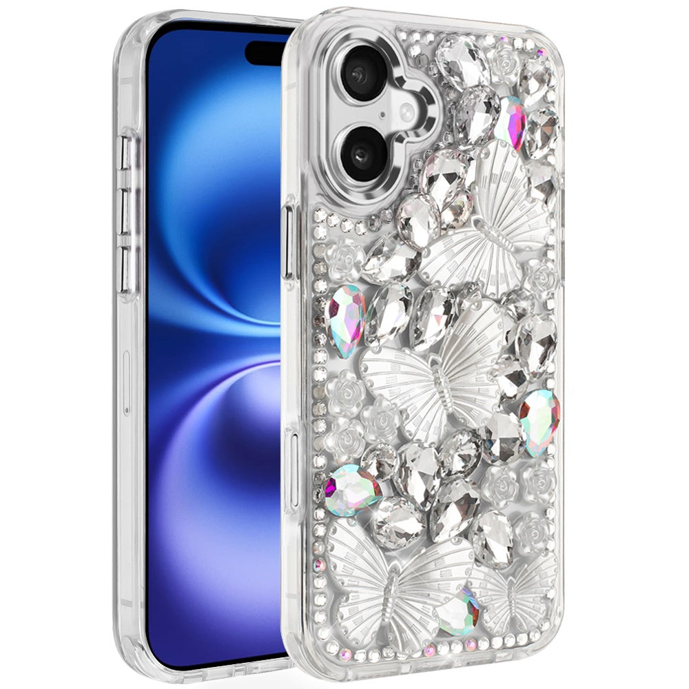For Apple iPhone 17 (6.3") 3D Diamond Floral Butterfly Bling Stone Hybrid, Sparkly Rhinestone Gemstone Back Shockproof Case Cover