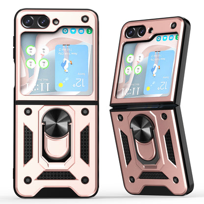 For Samsung Galaxy Z Flip 5 Magnetic Ring Stand Camera Protection Shock Resistant Hybrid Durable Grip Kickstand Function for Flip Series Case Cover Rose Gold