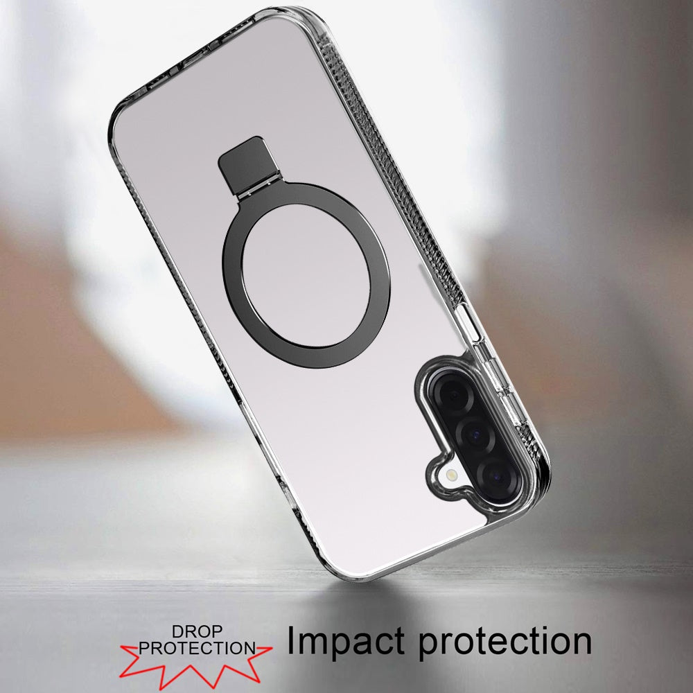 Phone Case for Samsung Galaxy A17 5G Transparent Dotted Edge Magnetic Ring Stand Shockproof Hybrid Grip Kickstand Clear Rugged Drop Protection Cover Black
