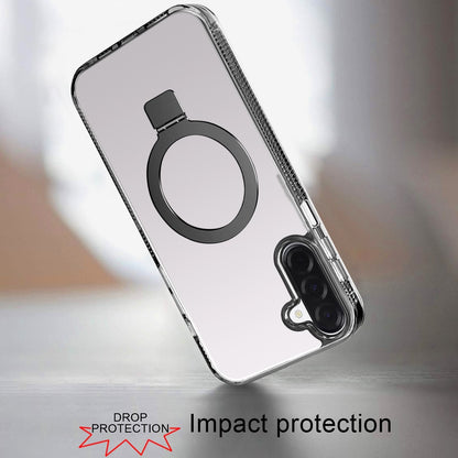 Phone Case for Samsung Galaxy A17 5G Transparent Dotted Edge Magnetic Ring Stand Shockproof Hybrid Grip Kickstand Clear Rugged Drop Protection Cover Black