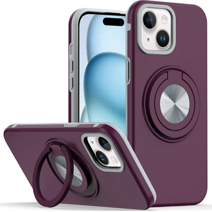 Phone Case for iPhone 15 Shockproof Magnetic Ring Stand Rotating CarMount Hybrid Metal Matte Finish AntiSlip Grip Kickstand Cover Red