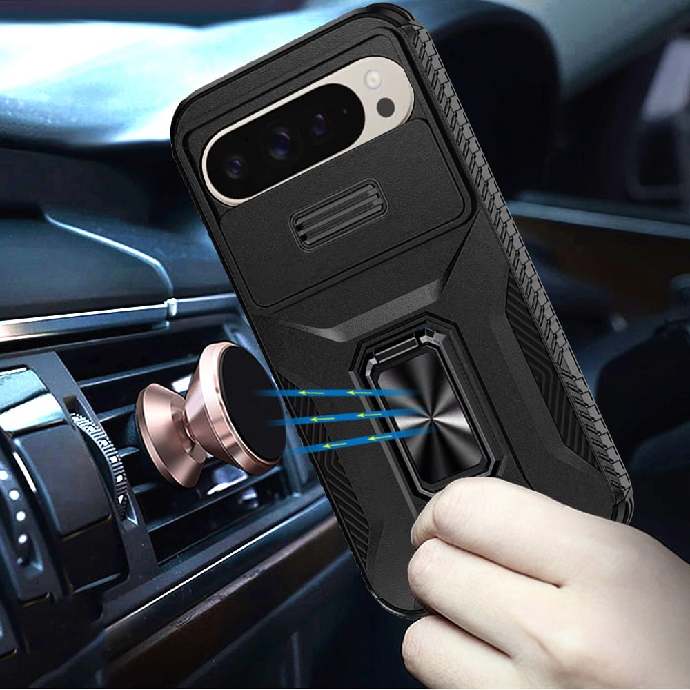 Phone Case for Google Pixel 9 Pro XL Magnetic Ring Stand Camera Protection Shockproof Heavy Duty Kickstand Rugged Grip Anti Scratch Hybrid Cover Black