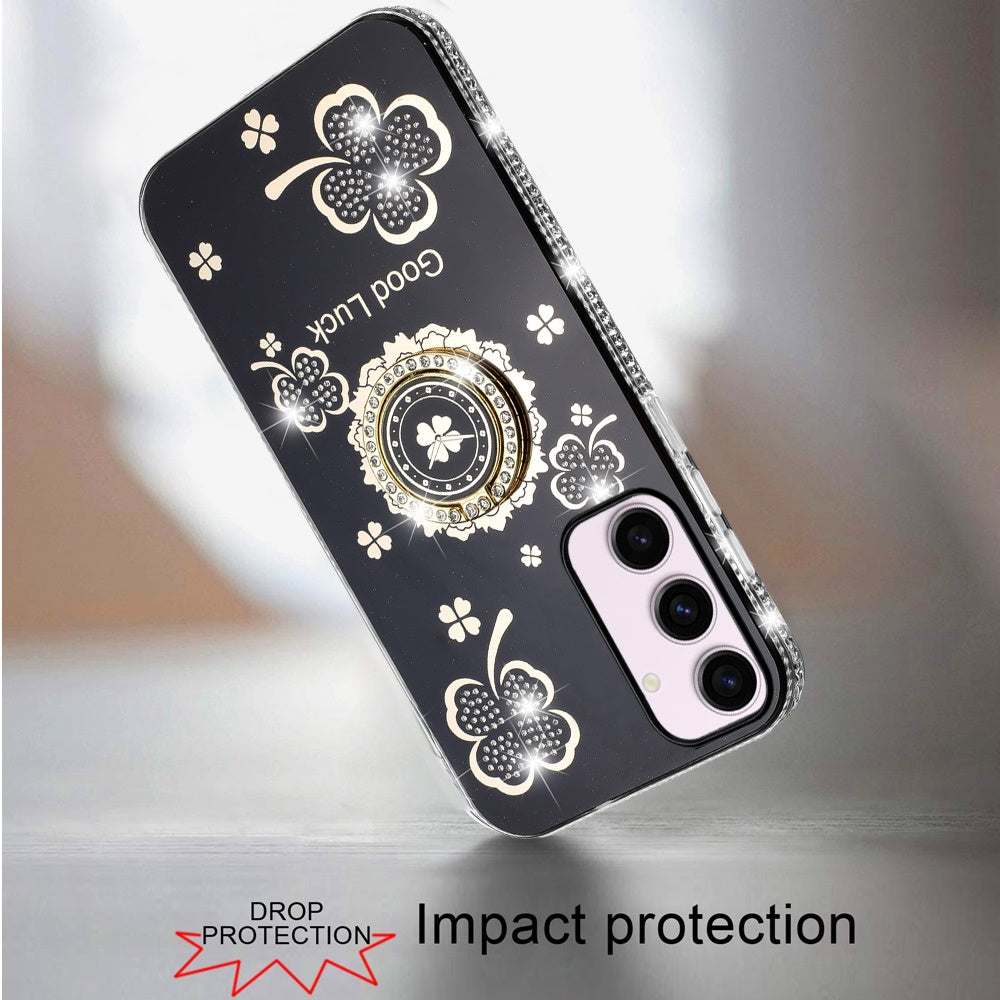 For Samsung Galaxy S23 Ultra Diamonds Bling All Around Edges Sparkly Glitter Hybrid Ring Stand Holder Fashion Good Luck Case Cover