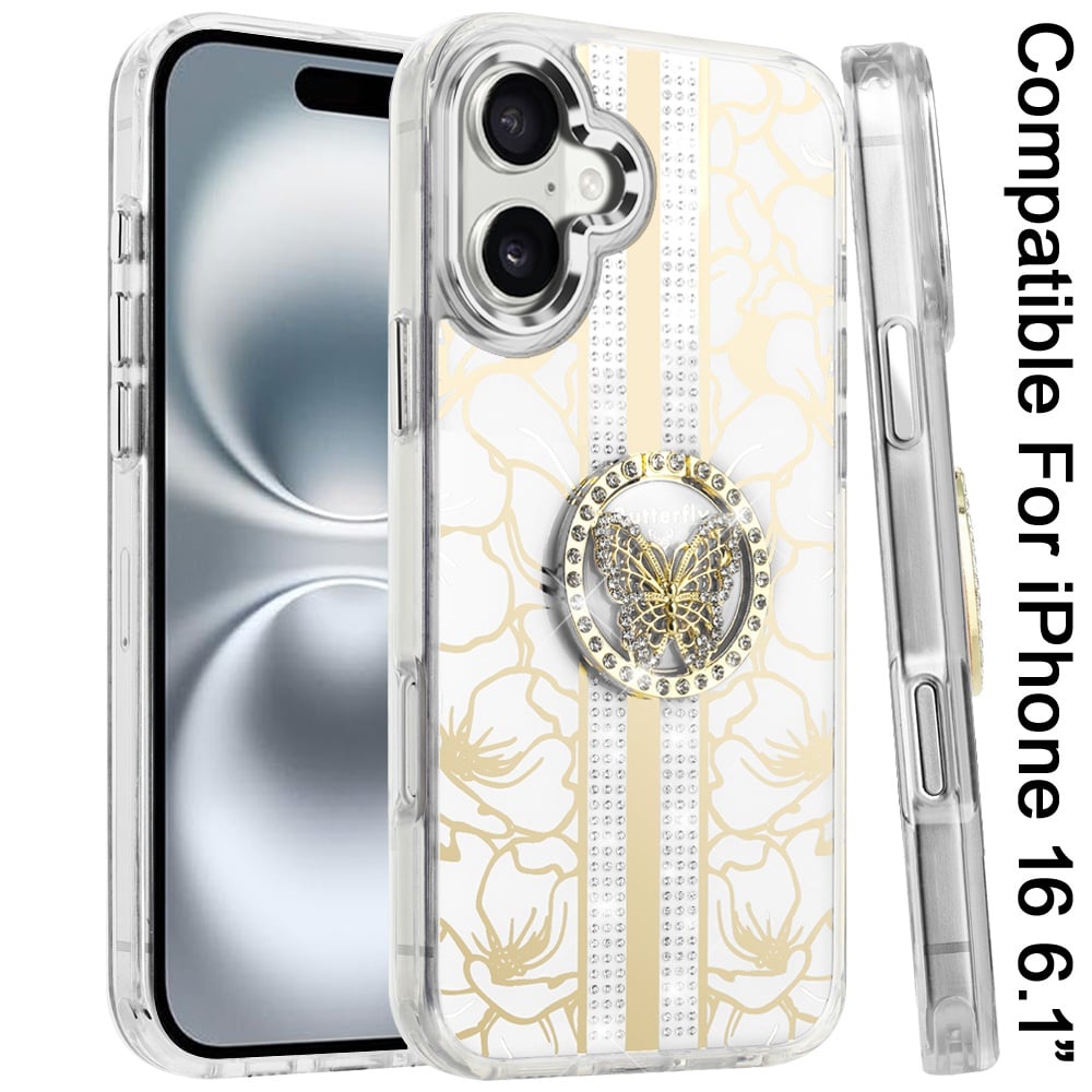 Phone Case for Apple iPhone 16 Floral Butterfly Ring Stand Glitter Bling Shockproof Hybrid Luxury Fashion Protective Anti Slip Durable Grip Cover