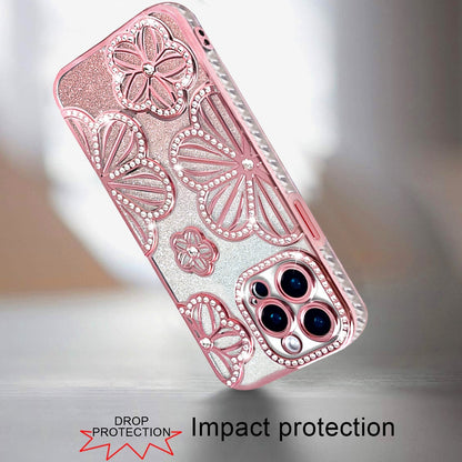 For Apple iPhone 13 Pro Luxury Flower Design Sparkle Glitter Diamond Rhinestone Shimmer Bling Plating Thick TPU Hard PC Case Cover