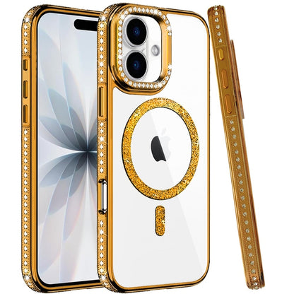 Phone Case for Apple iPhone 17 Luxury Diamond Bling Edged Magnetic Glitter Shockproof Hybrid with Camera Kickstand Durable Grip Cover Gold