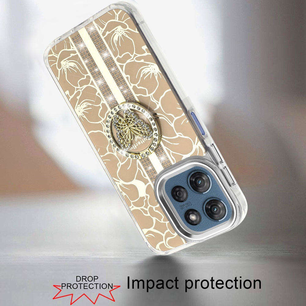 Phone Case for Motorola Moto G Play 5G 2026 Floral Butterfly Ring Stand Glitter Bling Shockproof Hybrid Luxury Fashion Protective Anti Slip Durable Grip Cover