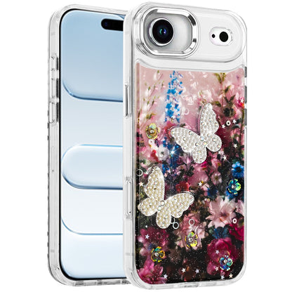 For Apple iPhone 17 Air (6.6") Epoxy Glitter Flowers Bling 3D Butterfly Fashion TPU Hybrid with Shockproof Protection Case Cover