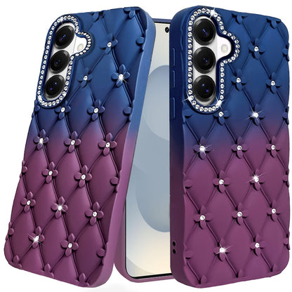 For Samsung Galaxy S26 Fashion Flower Design Sparkle Glitter Shimmer Rhinestone Bling Floral Accents, Leather Texture TPU Case Cover