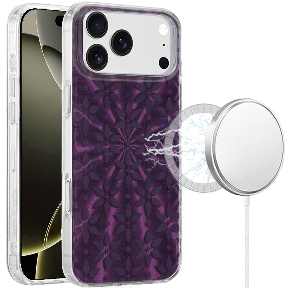 For Apple iPhone 17 Stylish Pattern Fashion IMD Printed Design TPU Double Layer Slim Shockproof with Magnetic Back Case Cover Flowers Mandala Purple