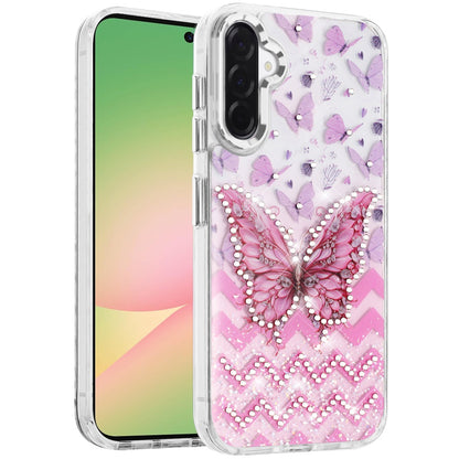 For Samsung Galaxy A57 Butterfly Resin Epoxy Diamond Design Metal Edged Hybrid Shockproof Heavy Duty Drop Protection Case Cover