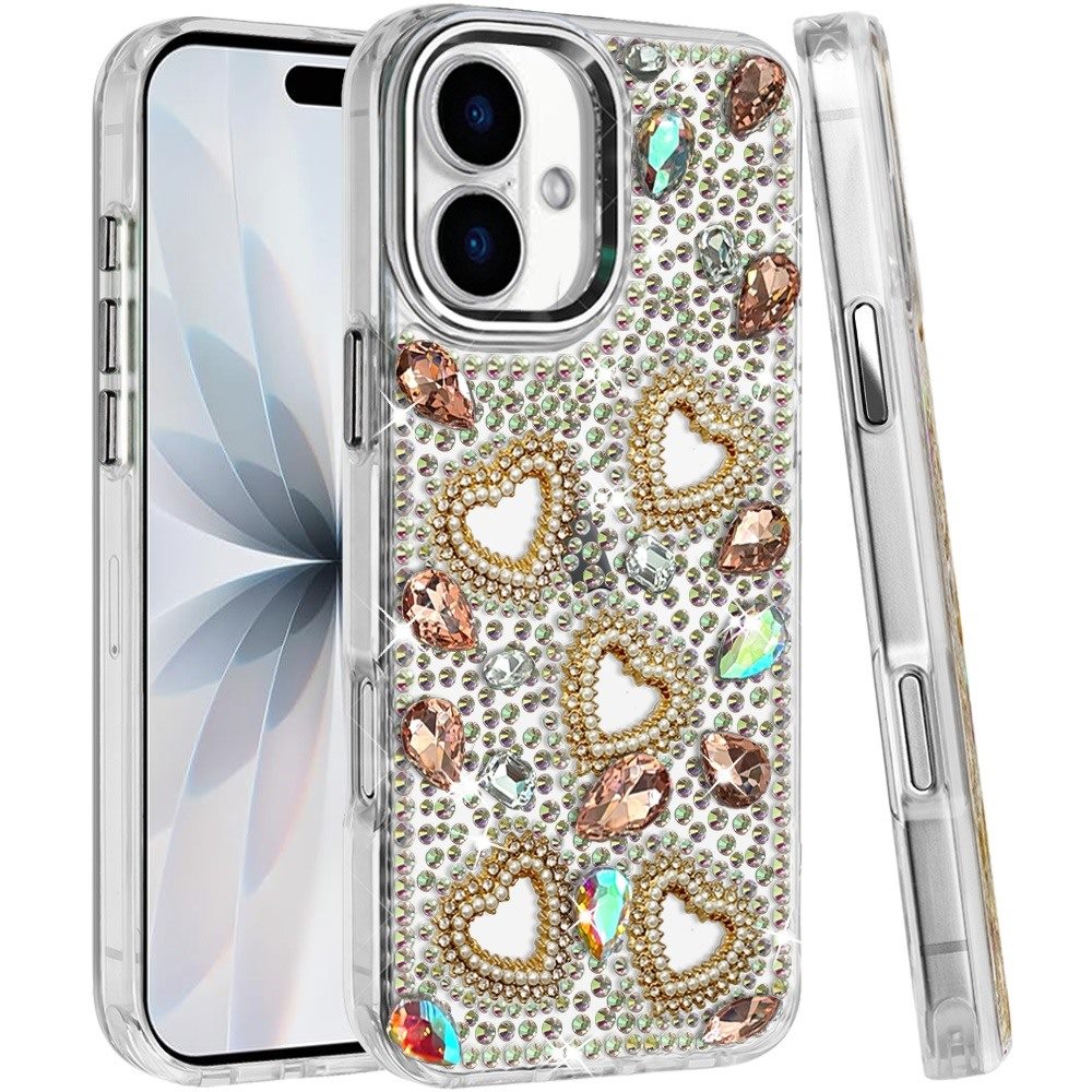 Phone Case for Apple iPhone 17 (6.3") Luxury Crystal Heart Rhinestone Diamond Bling Shockproof Hybrid Glitter Protective Stylish Durable Grip Cover