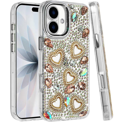 Phone Case for Apple iPhone 17 (6.3") Luxury Crystal Heart Rhinestone Diamond Bling Shockproof Hybrid Glitter Protective Stylish Durable Grip Cover