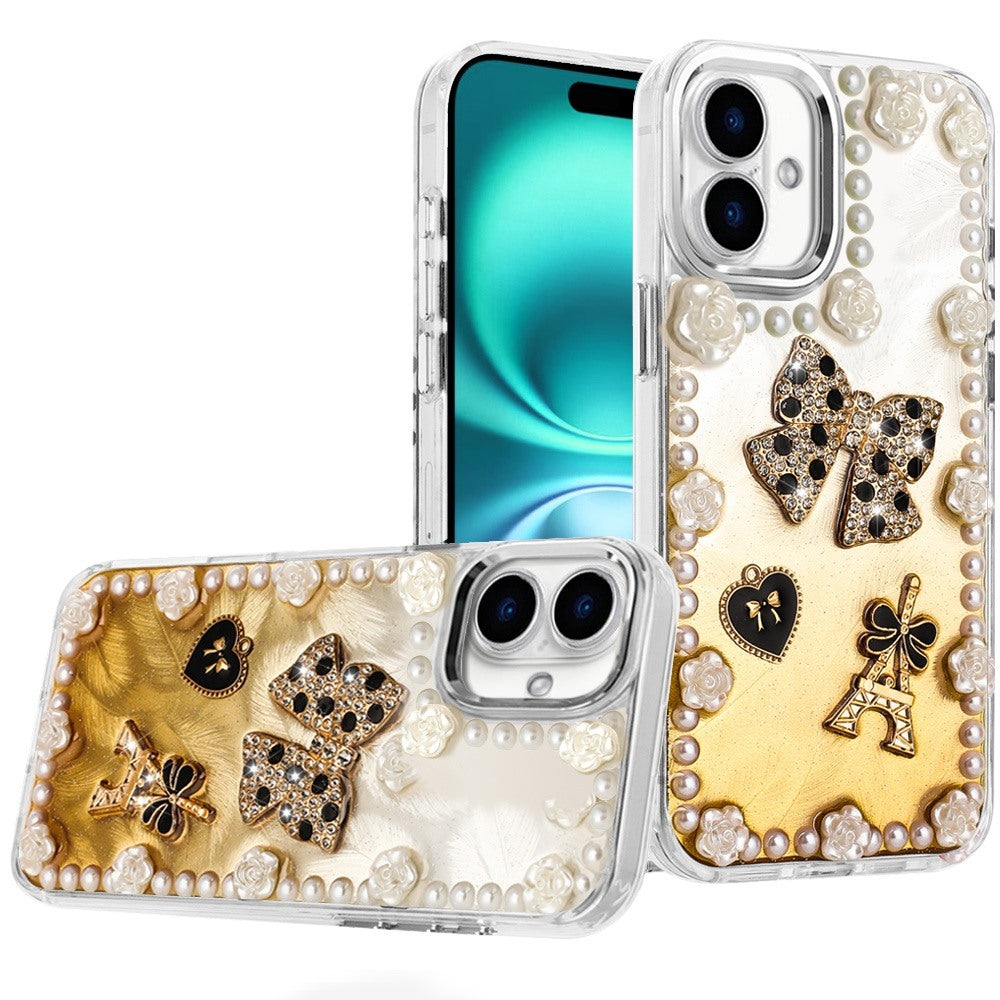 For Apple iPhone 17 (6.3") Bling Fashion Design with 3D Pearls Epoxy Glitter Ornaments Chrome Edge Hard Slim PC Case Cover