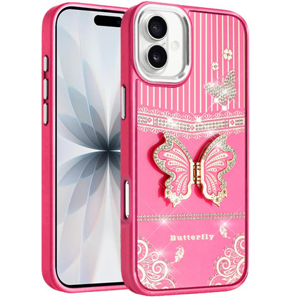 For Apple iPhone 17 (6.3") Glitter 3D Butterfly Design Bling Metallic Edge Hybrid Stand Drop Protection TPU Shockproof Case Cover