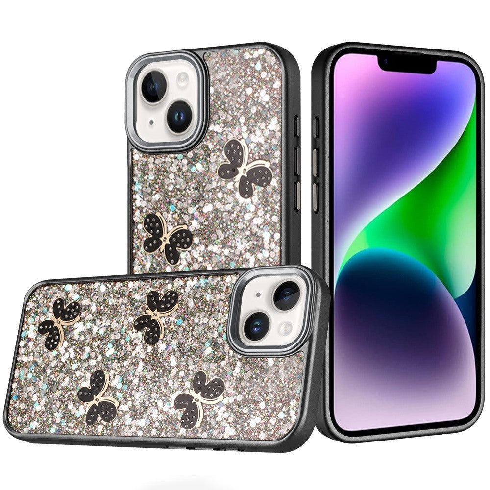 Phone Case for Apple iPhone 14/13 Cute Butterfly Diamond Glitter Metallic Hybrid Shockproof Shimmer Grip Stylish Protective Luxury Designer Cover