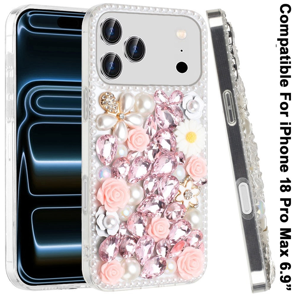Phone Case for Apple iPhone 18 Pro Max/ 17 Pro Max Rose Flower Full Diamond Bling Rhinestone Glitter Luxury Stylish Sparkle Protective Designer Hybrid Cover