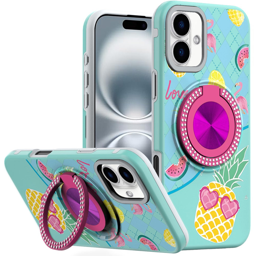 For iPhone 16 (6.1") Pattern Design Hybrid with Invisible Ring Stand & Magnetic Back, Shockproof Protective Grip Case Cover
