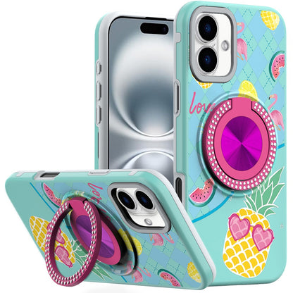 For iPhone 16 (6.1") Pattern Design Hybrid with Invisible Ring Stand & Magnetic Back, Shockproof Protective Grip Case Cover