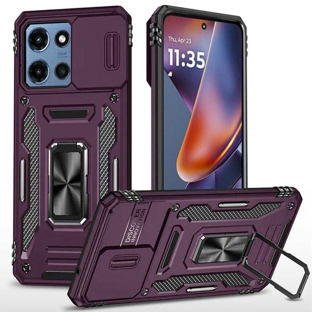 Phone Case for Motorola Moto G Play 5G 2026 Tough Metal Ring Shockproof Sliding Camera Window Hybrid Armor Rugged Anti Slip Heavy Duty Grip Cover Purple