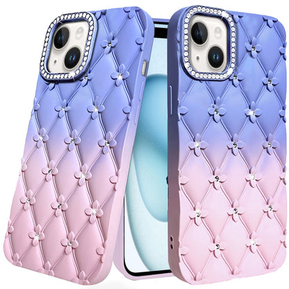 For Apple iPhone 17E /16E Fashion Flower Design Sparkle Glitter Shimmer Rhinestone Bling Floral Accents, Leather Texture TPU Case Cover