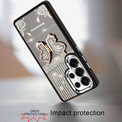 For Samsung Galaxy S25 Ultra Glitter 3D Butterfly Design Bling Metallic Edge Hybrid Stand Drop Protection TPU Shockproof Case Cover