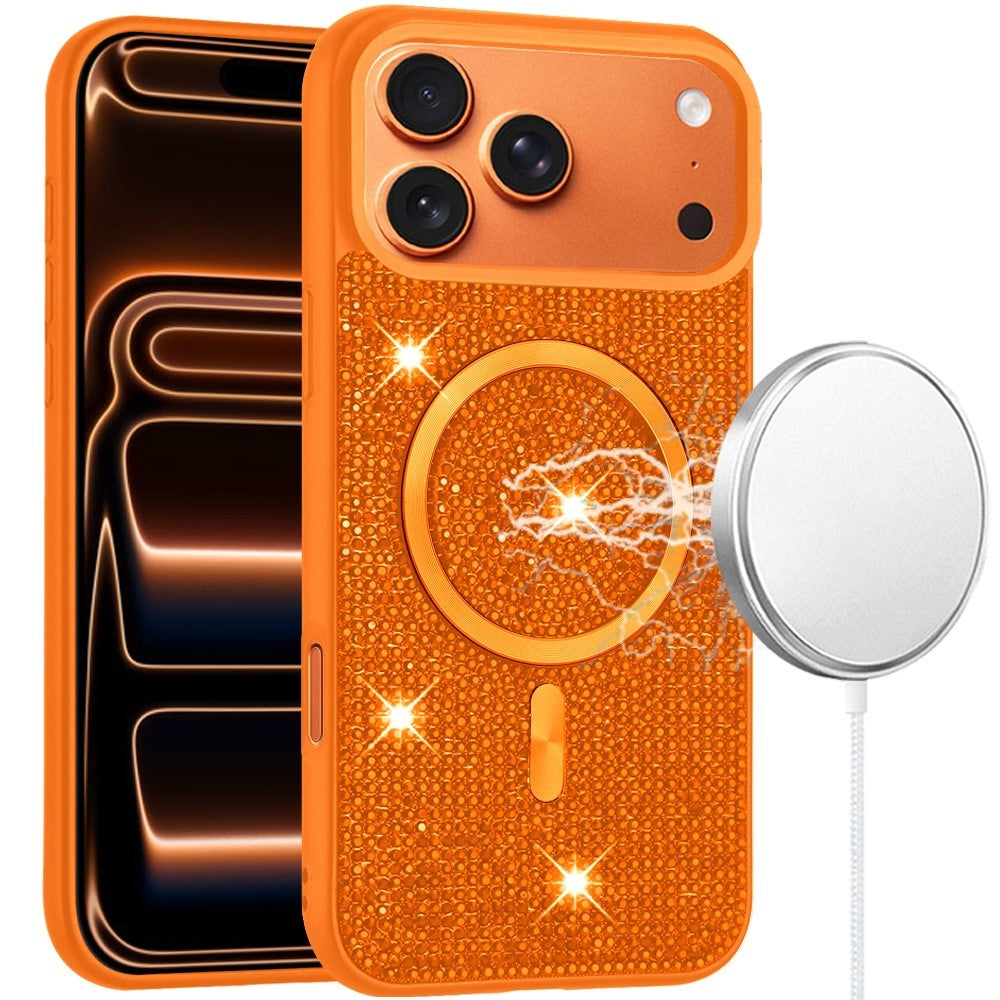 Phone Case for Apple iPhone 17 Pro Magnetic Bling Diamond Sparkle Hybrid Shockproof Rugged Grip Durable Protection Anti-Slip Armor Design Cover Cosmic Orange