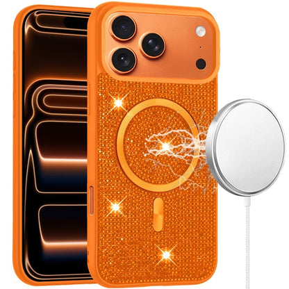 Phone Case for Apple iPhone 17 Pro Magnetic Bling Diamond Sparkle Hybrid Shockproof Rugged Grip Durable Protection Anti-Slip Armor Design Cover Cosmic Orange