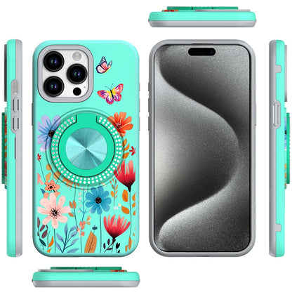 For Apple iPhone 16e Pattern Design Hybrid with Invisible Ring Stand & Magnetic Back, Shockproof Protective Grip Case Cover Summer Bloom
