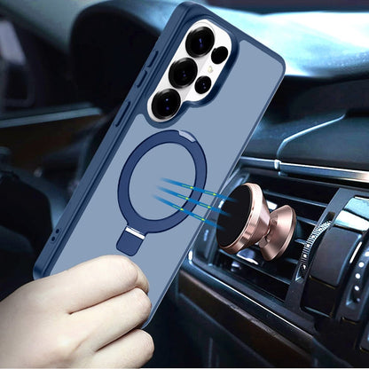 Phone Case for Samsung Galaxy S25 Ultra Magnetic Ring Stand Full Rotation Matte Shockproof Grip Anti Slip Durable Camera Protection Hybrid Cover Blue