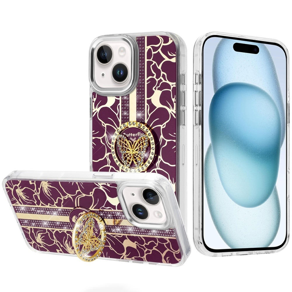 Phone Case for Apple iPhone 15 Floral Butterfly Ring Stand Glitter Bling Shockproof Hybrid Luxury Fashion Protective Anti Slip Durable Grip Cover Purple