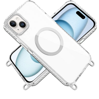 For iPhone 14/13 (6.1") Clear Magnetic Frame PC Back Shockproof Protective Case with Detachable Lanyard Strap, Compatible with MagSafe Case Cover Cosmic Orange