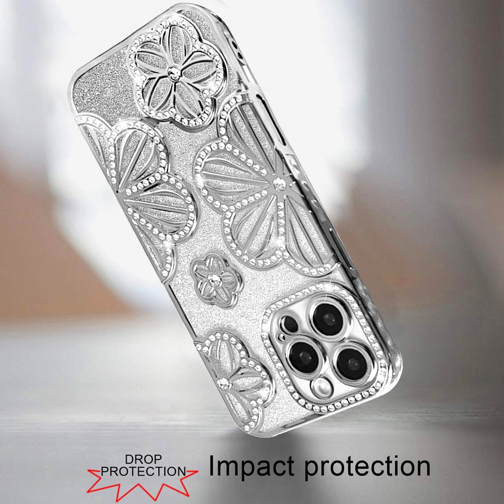 For Apple iPhone 16 Pro Luxury Flower Design Sparkle Glitter Diamond Rhinestone Shimmer Bling Plating Thick TPU Hard PC Case Cover