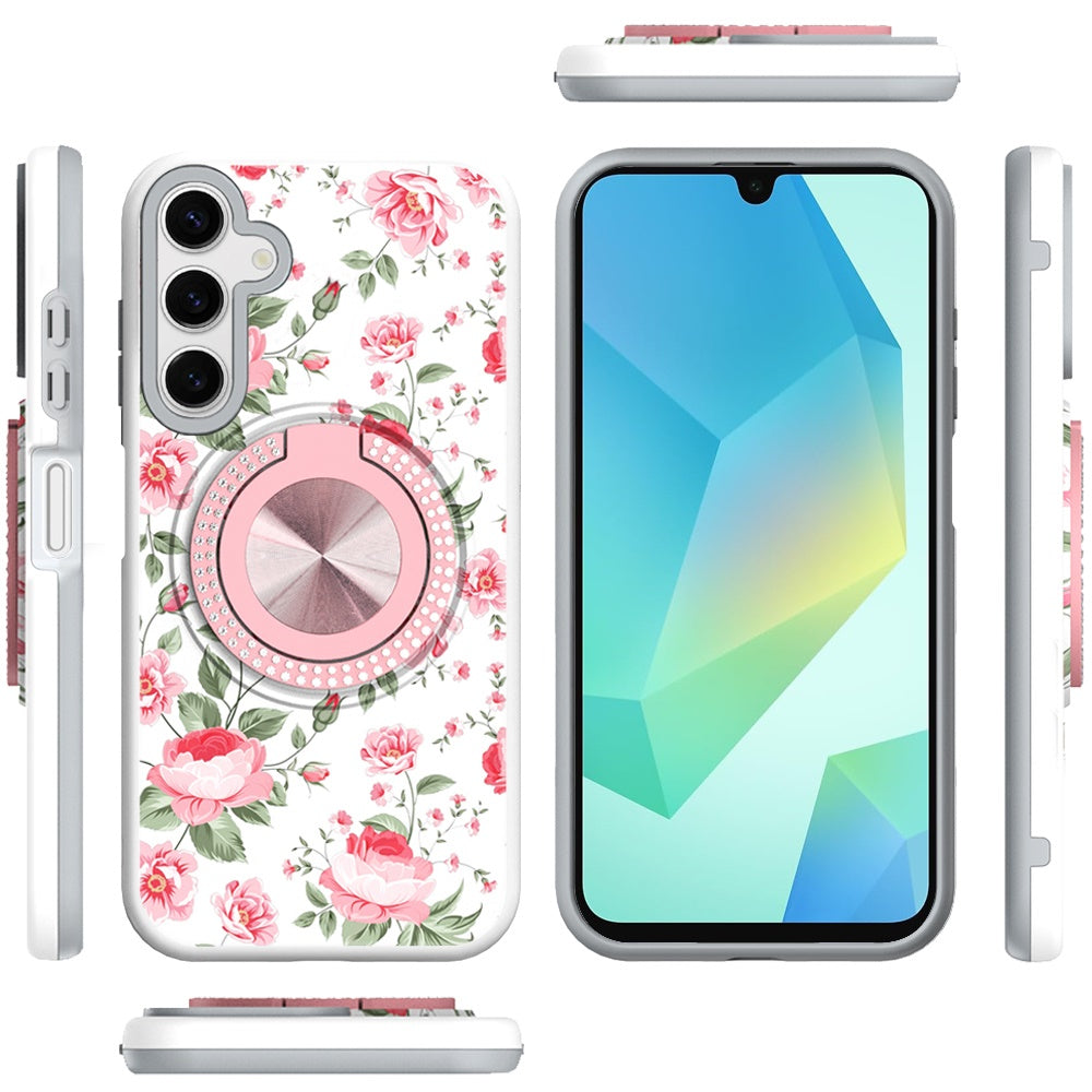 Phone Case for Samsung Galaxy A16 5G Magnetic Ring Stand Matte Metal Hybrid Car Mount Friendly Shockproof Rotational Grip Diamond Design Pattern Cover