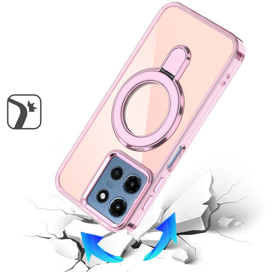 Phone Case for Motorola Moto G 5G 2026 / 2025 Chrome Magnetic Ring Stand Rotational Shockproof Hybrid Kickstand Metal Finish Rugged Drop Protection Armor Cover Light Pink
